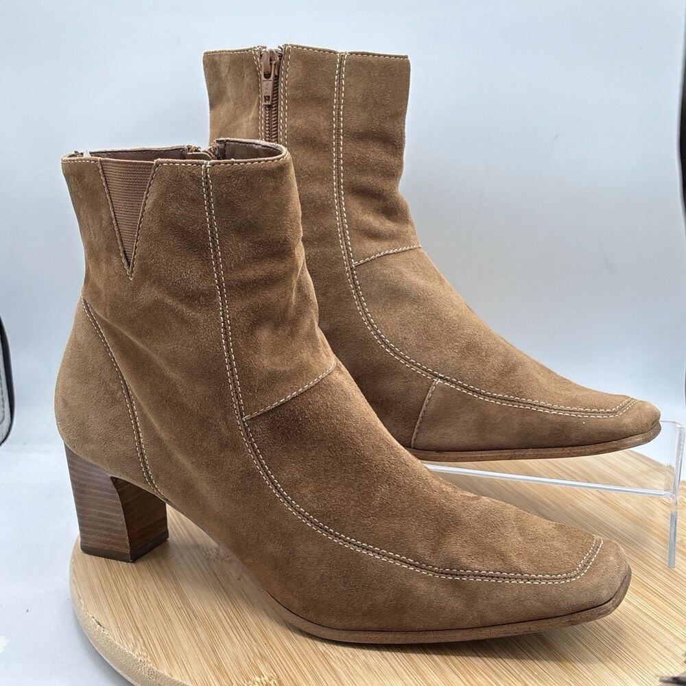 Anne Klein Brown Suede Leather Square‑Toe Bootie Sz 10 Block Heel Side Zip